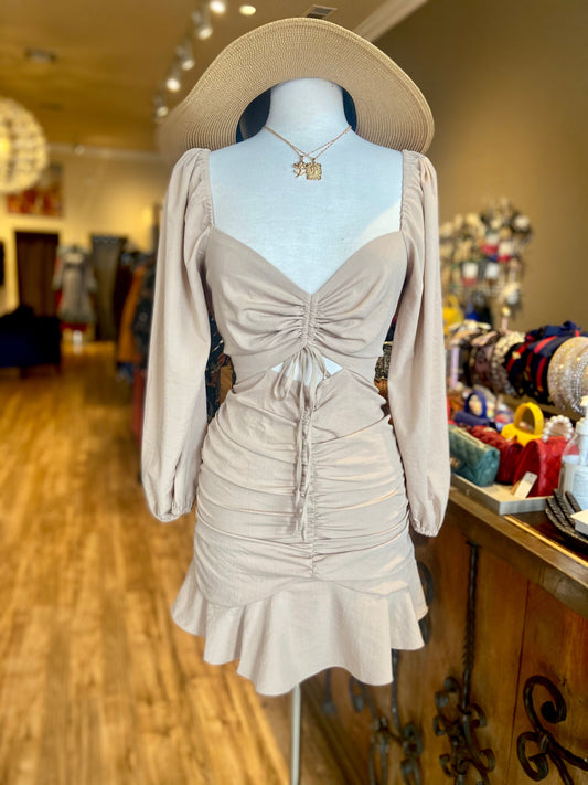 Cut Out Ruched Ruffle Dress