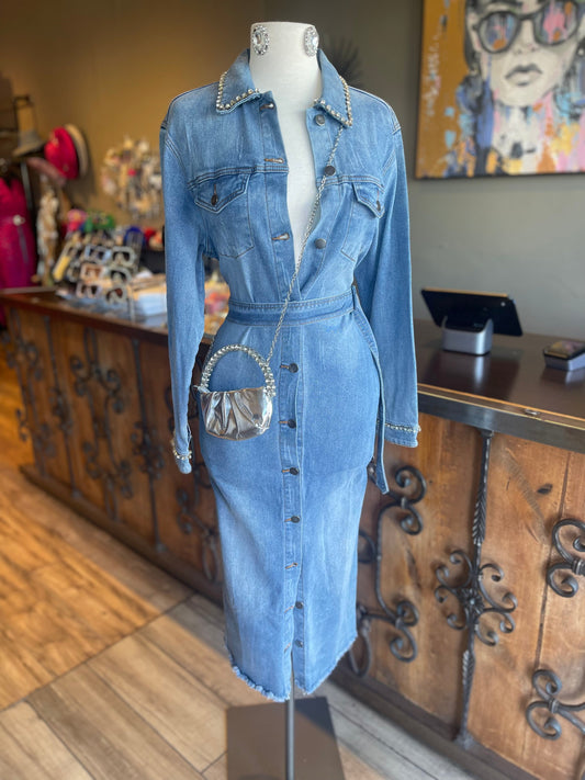 Crystal Collar Denim Dress