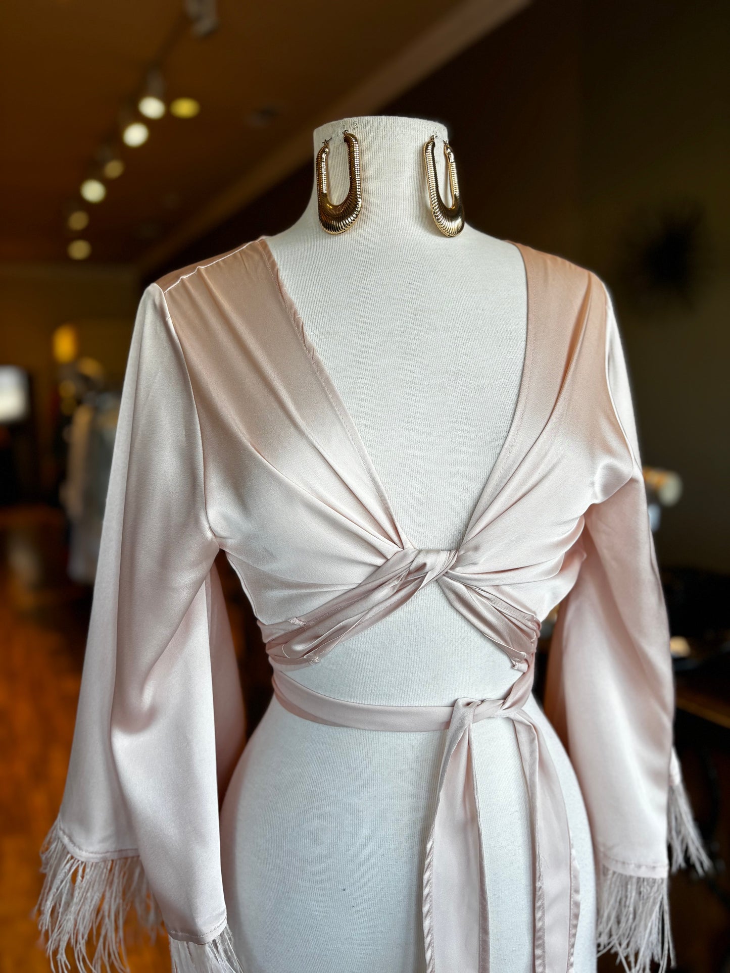 Satin Kimono Top W Fur Hem