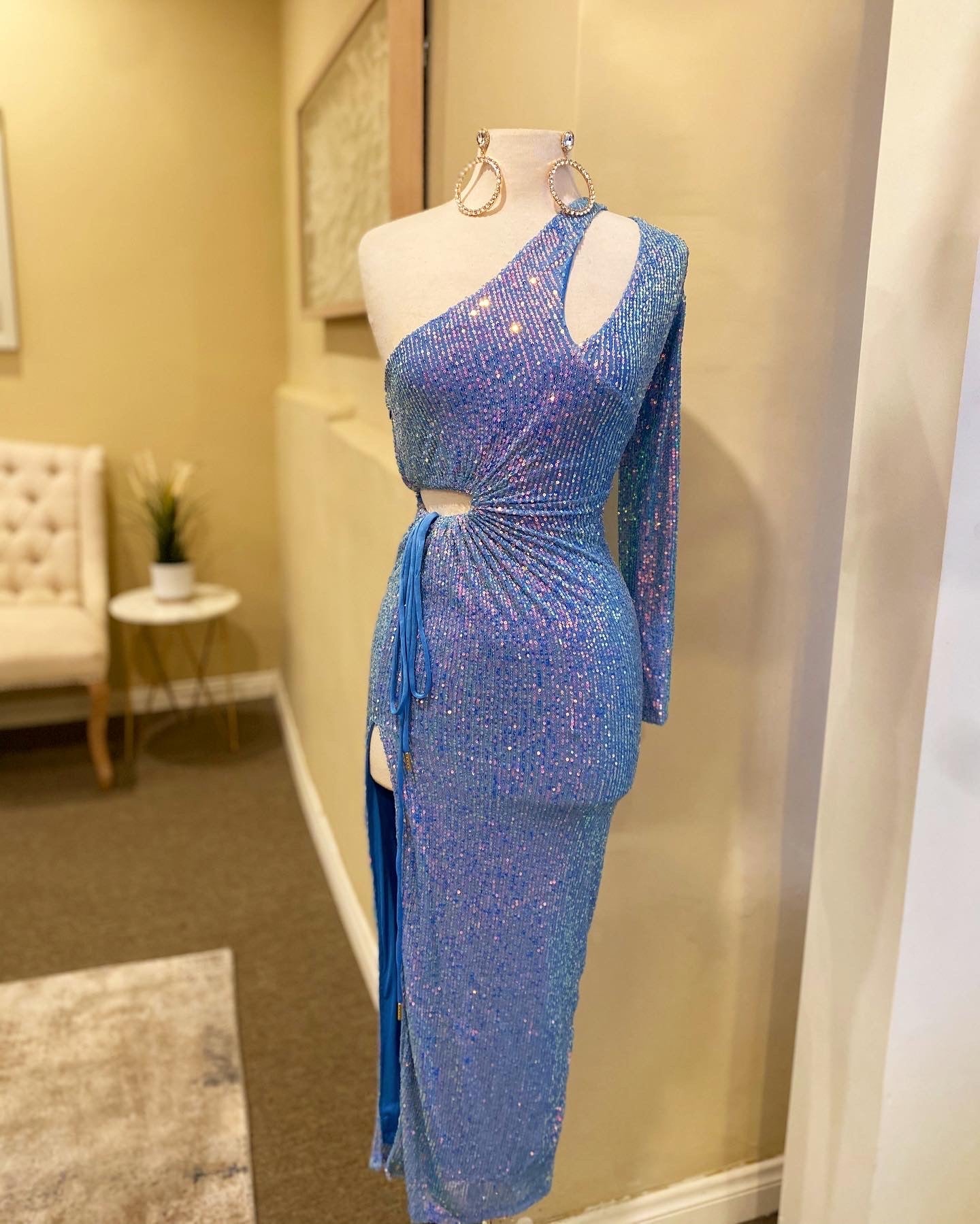 One Sleeve Sparkle Cutout Dress