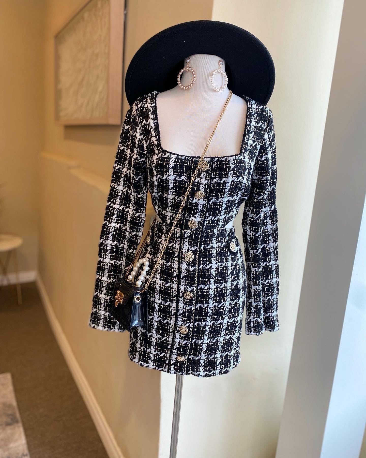 Long Sleeve Cut Out Tweed Dress