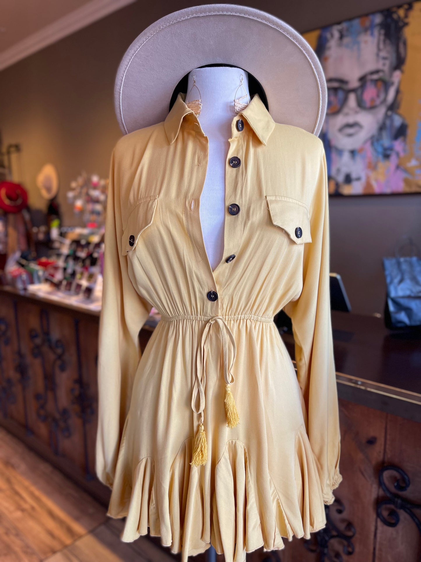 Collar Neck Long Sleeve Flare Dress