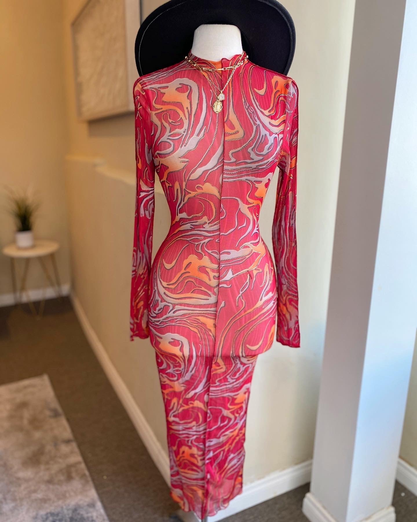 Red Sheer Pattern Dress