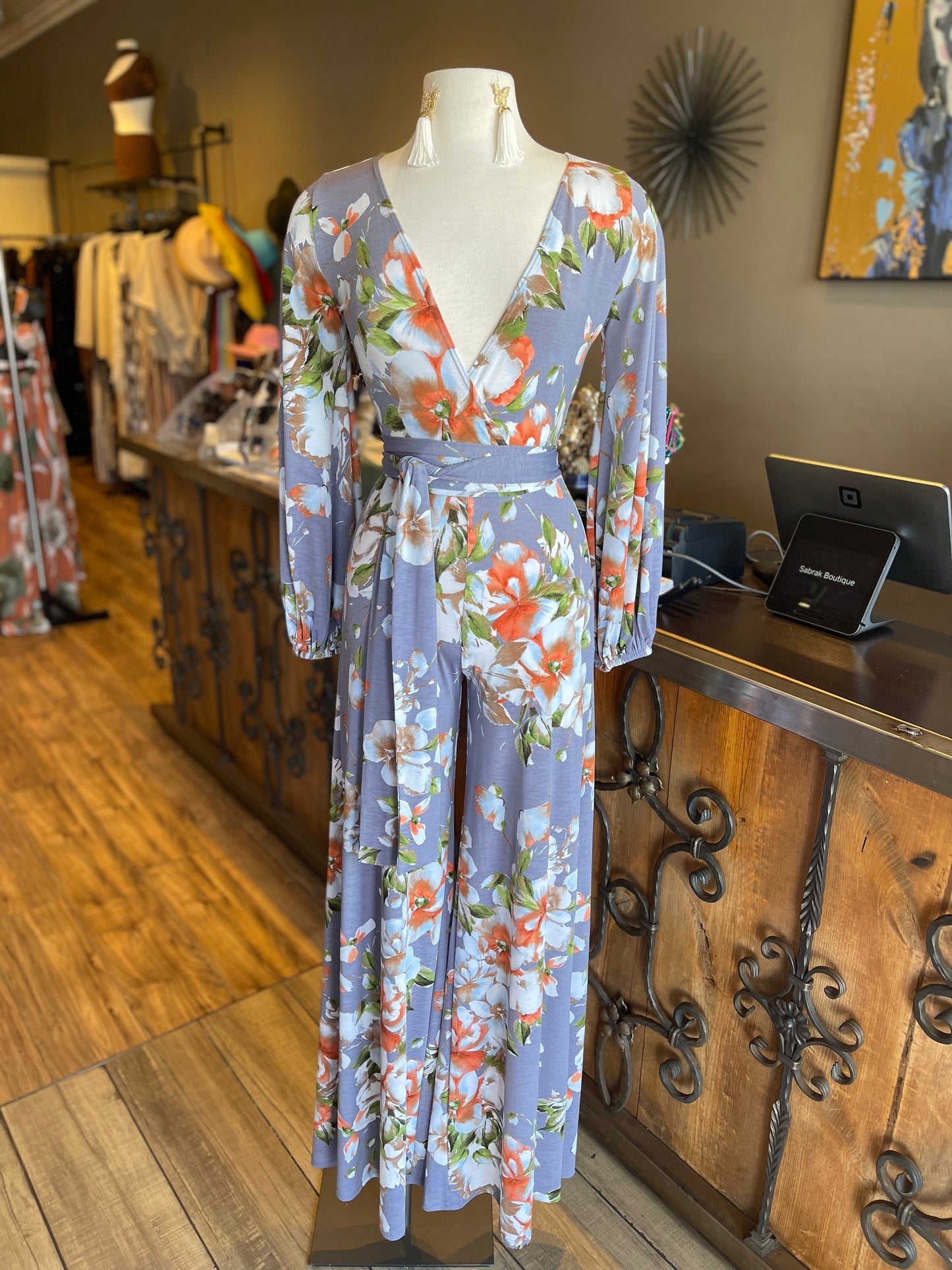 Wide Leg Long Sleeve Waist Tie Jumpsuit