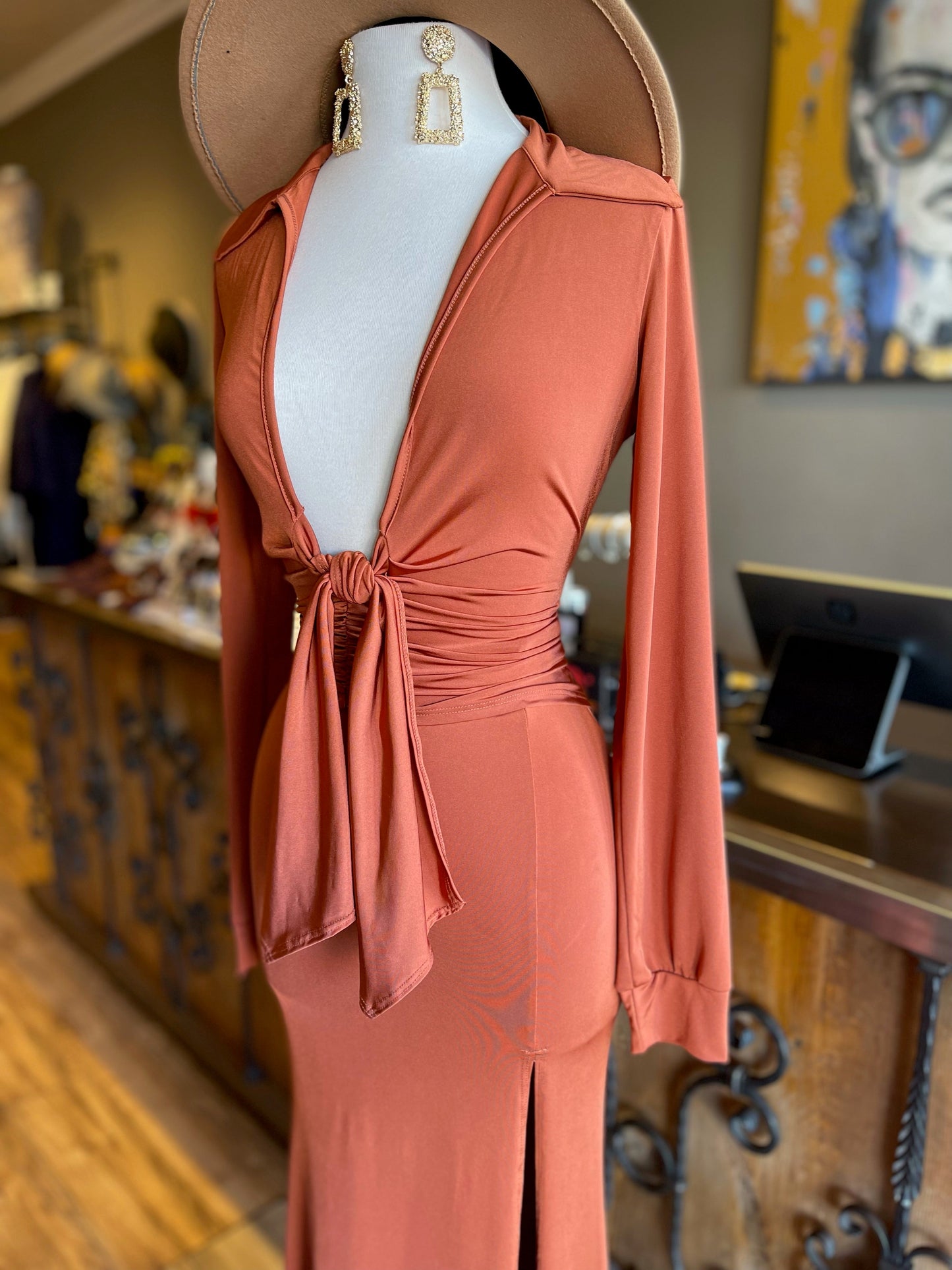 High Slit Long Skirt Tie Top Set