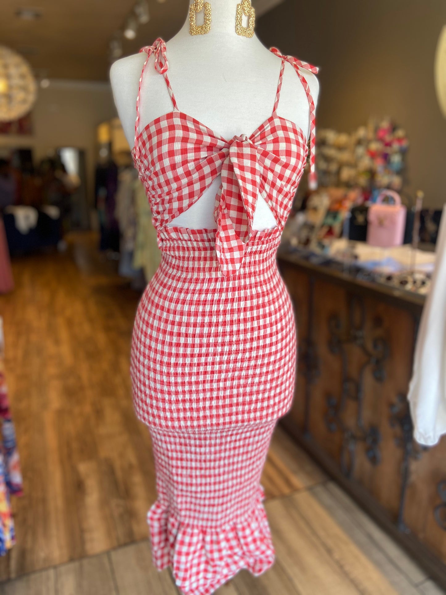 Tye Detail Ruffle Checker Dress