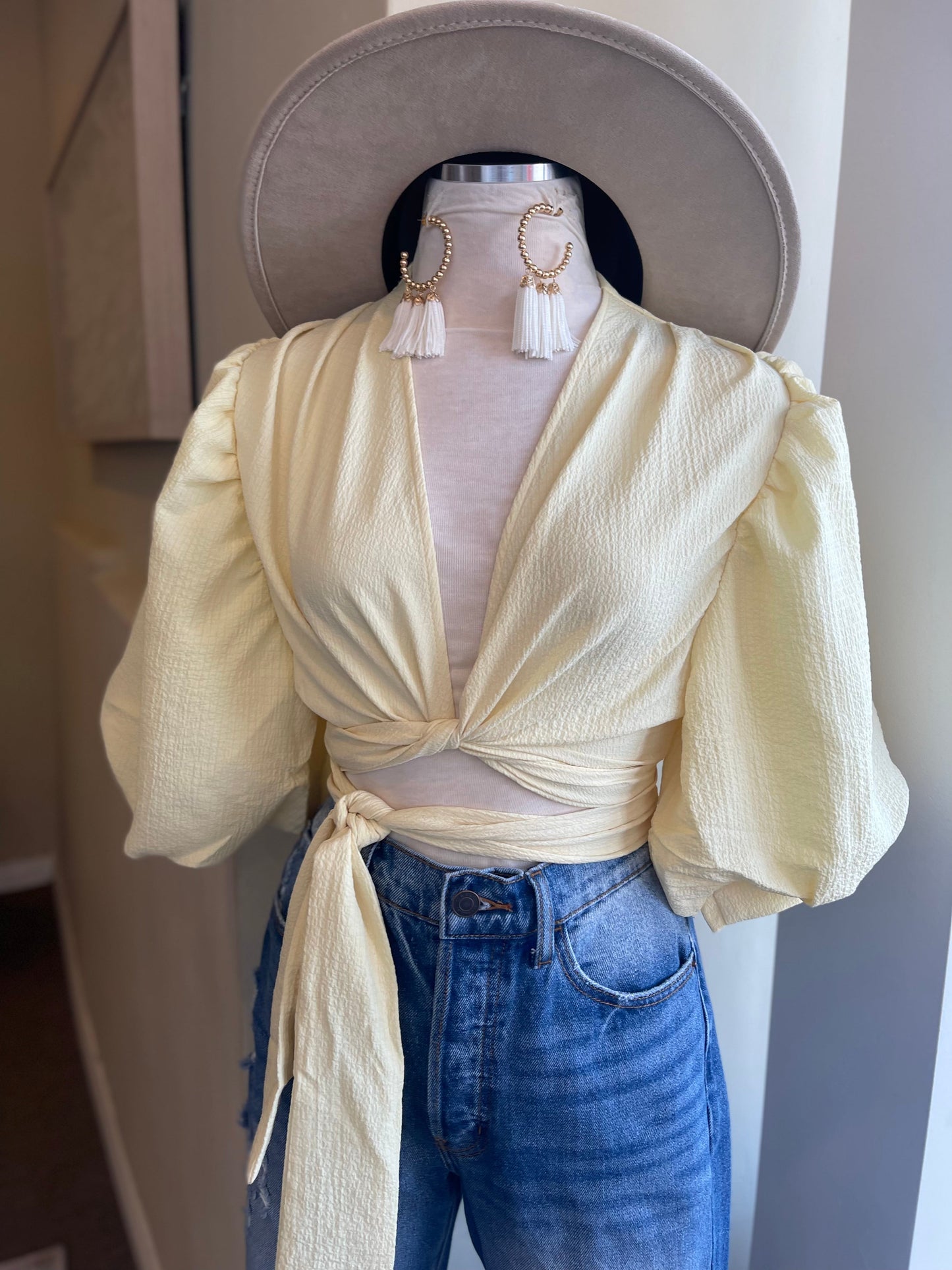 Pouf Sleeve Deep V Top