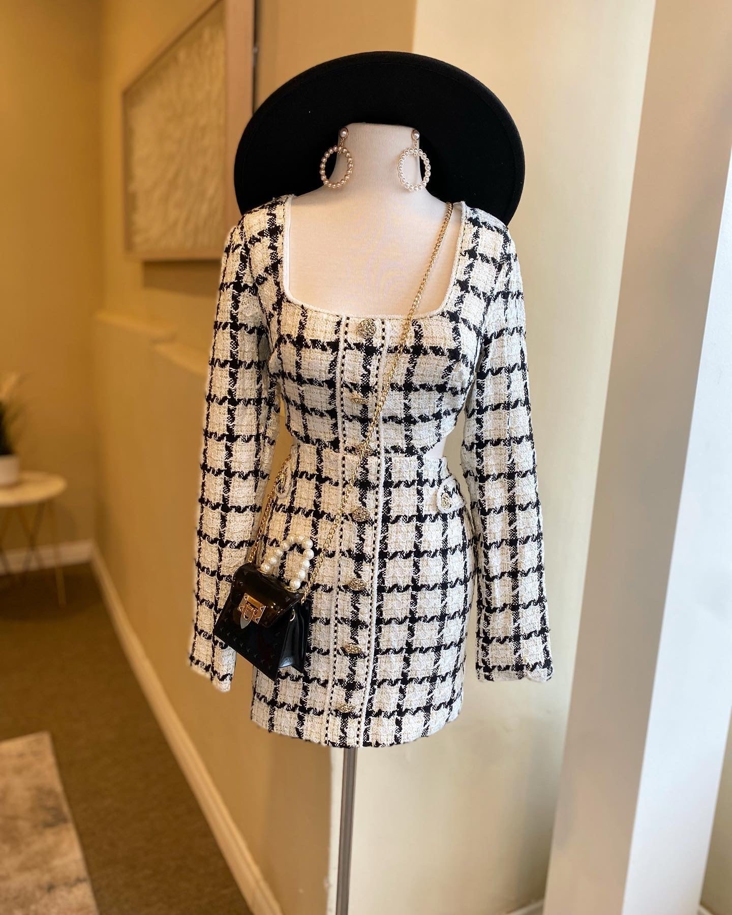 Long Sleeve Cut Out Tweed Dress