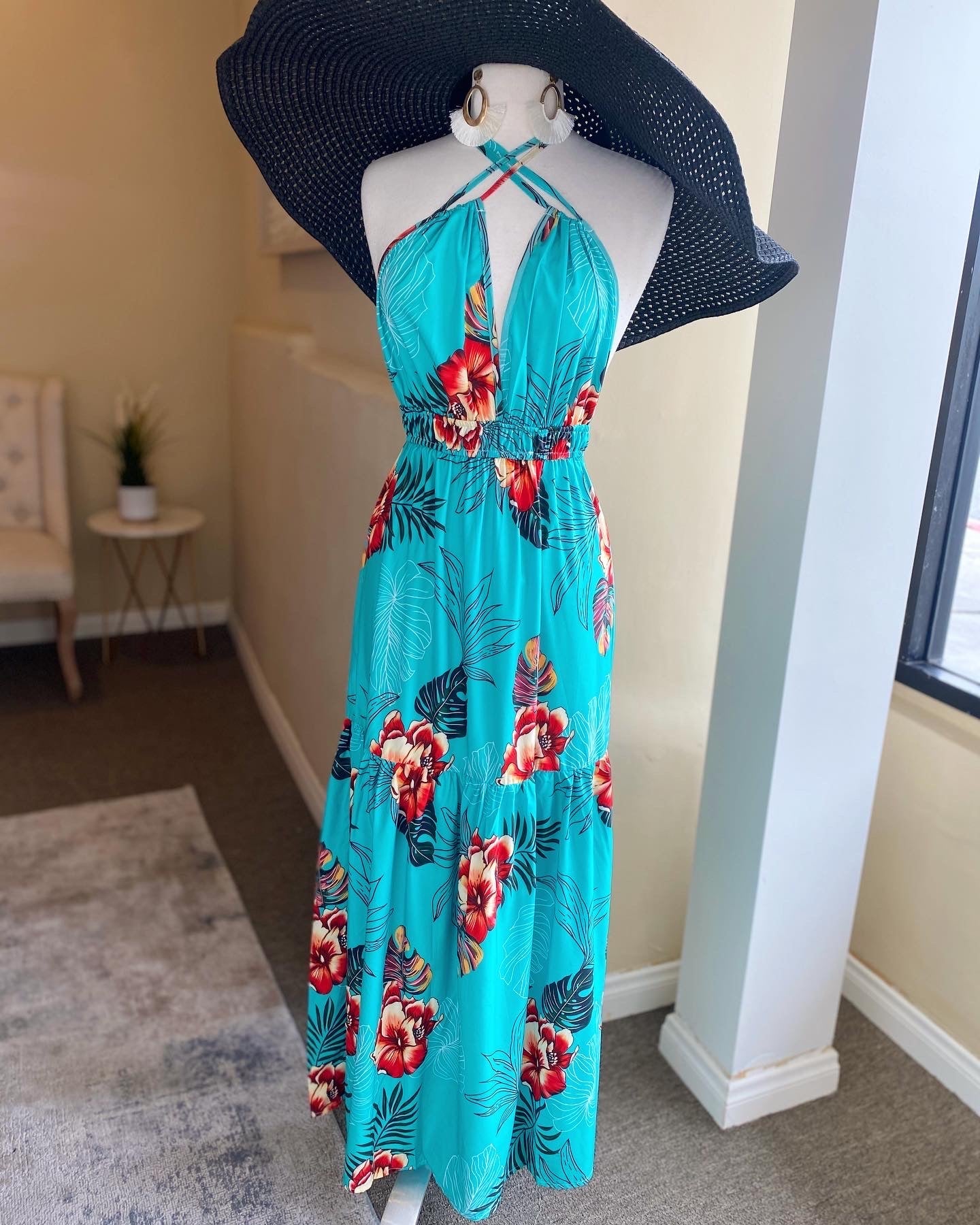 Floral Ruffle Bottom Halter Dress