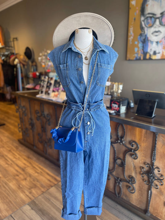 Denim Front Button Sleeveless Jumpsuit
