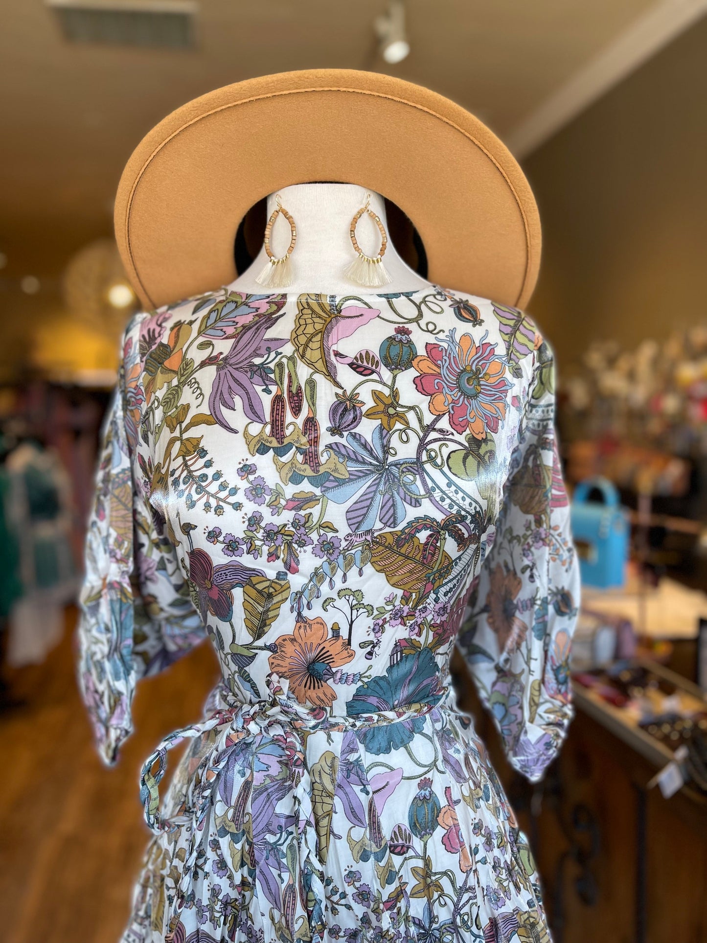 3/4 Sleeve Belted Ruffle Dress