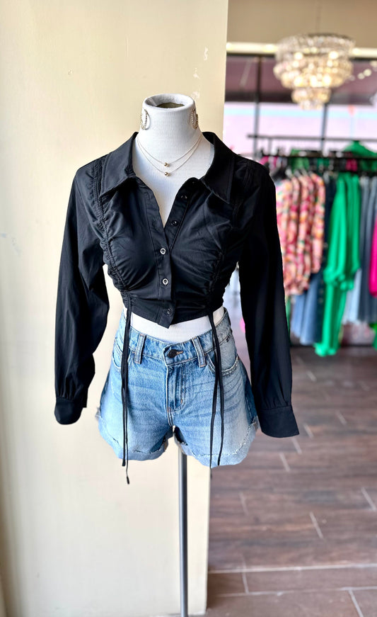 Cotton Ruched Drawstring Crop Shirt