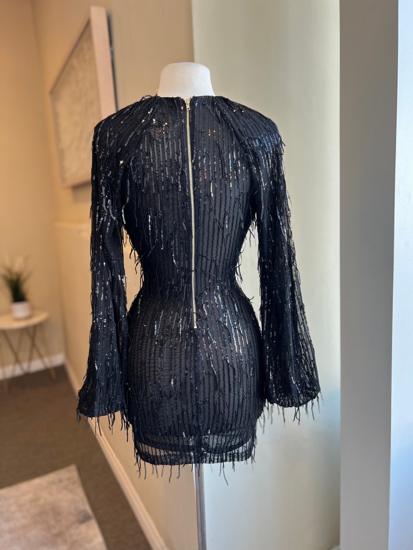 V Cut Balloon Sequin Dress
