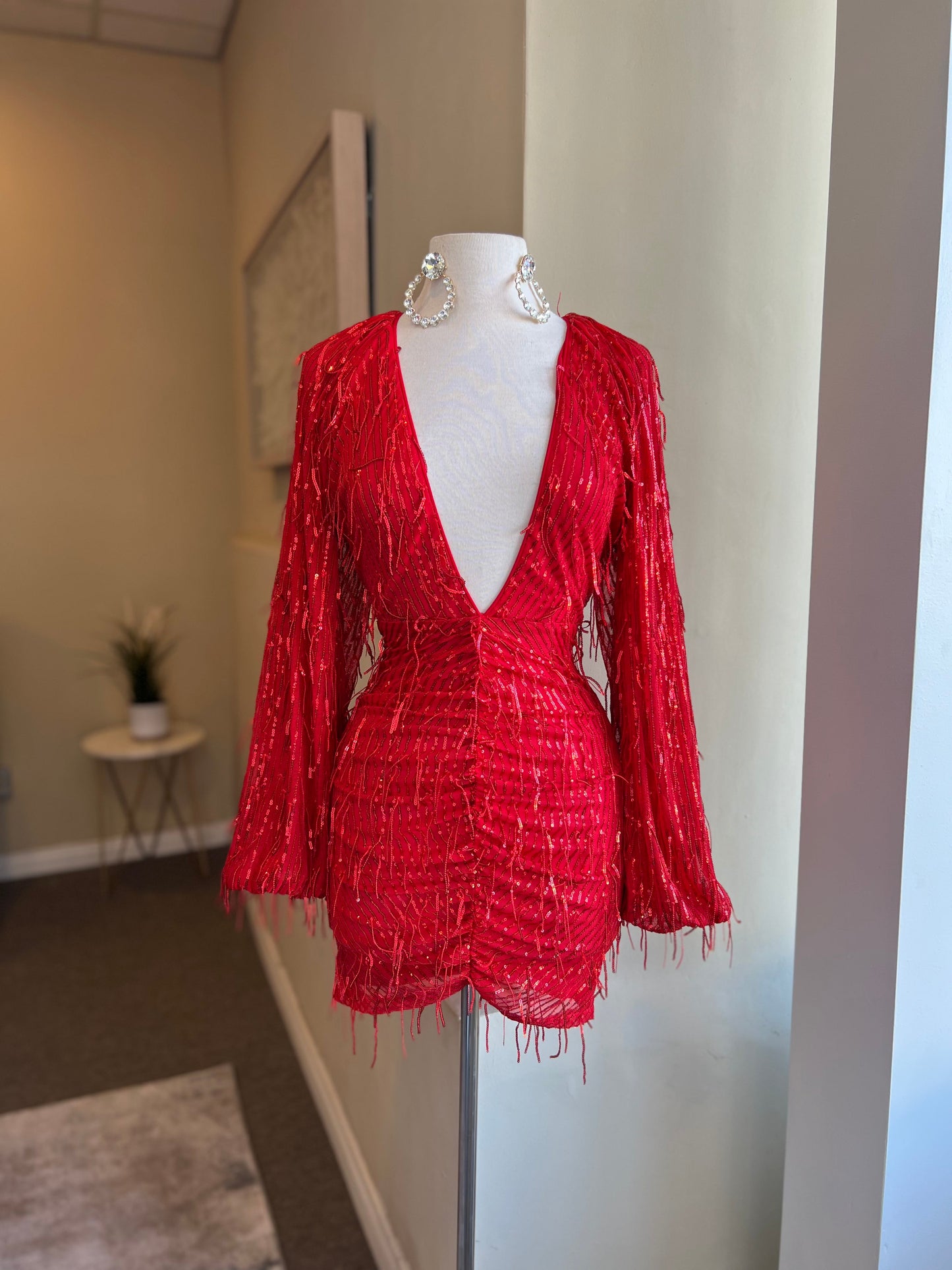 V Cut Balloon Sequin Dress