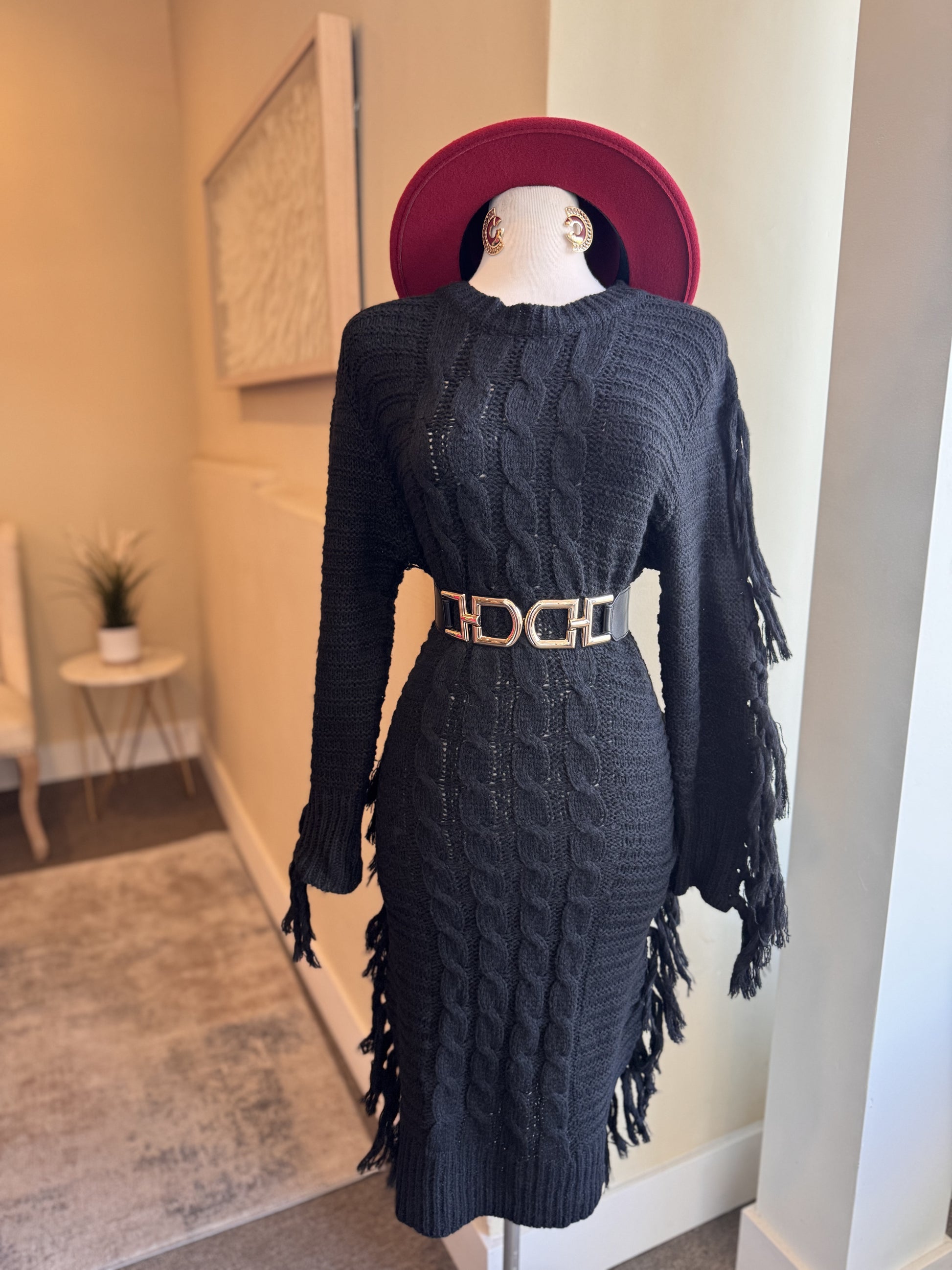 Fringe Trim Long Sleeve Dress - L Fringe Trim Long Sleeve Dress - L