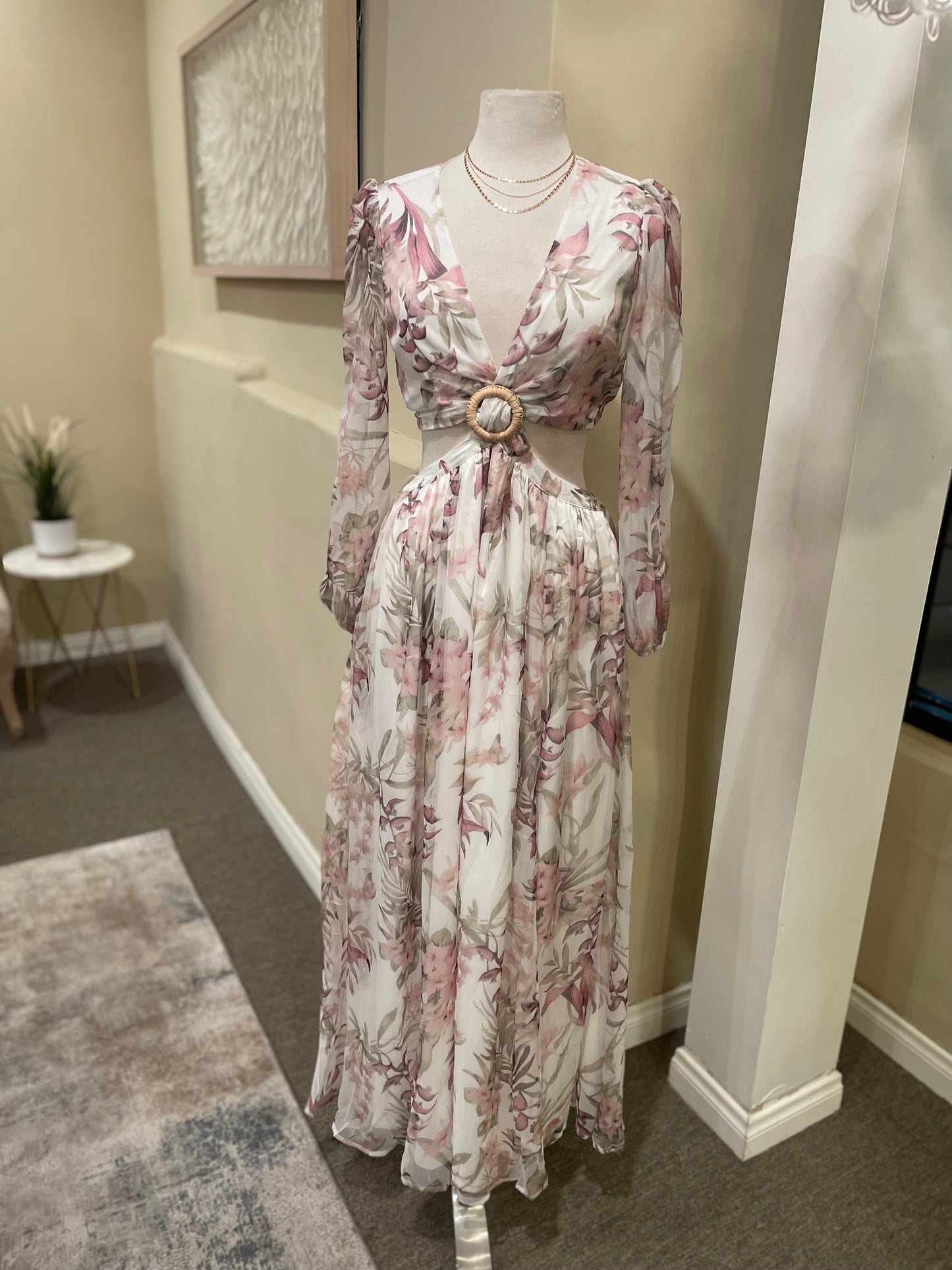 Leafy Cut Out Slit Long Dress