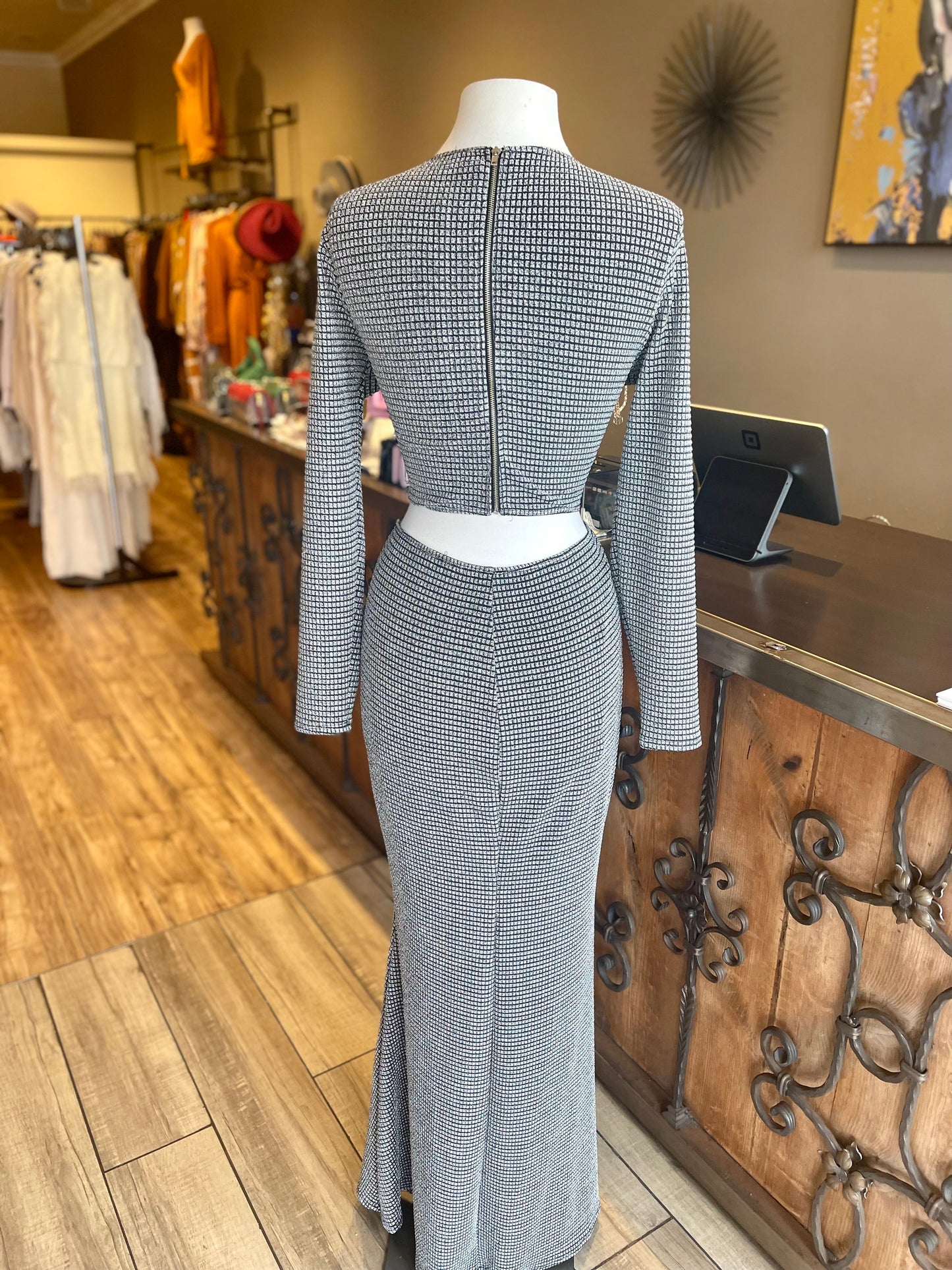 Metallic Knit Deep V Crop Long Dress